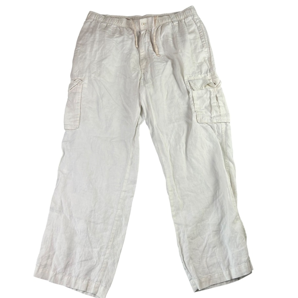 Caribbean Mens 38x30 White Linen Cargo Pants Elastic Drawstring Beach Vacation